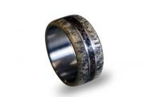 wedding photo - Titanium Ring, Deer Antler Ring, Antler Men's Ring, Dinosaur Fossil Inlay