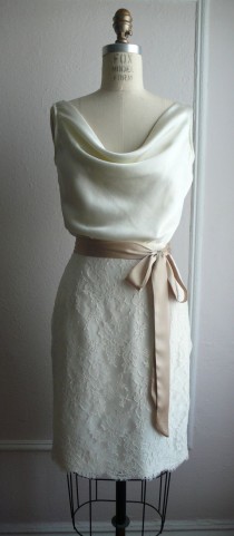 wedding photo - French Lace And Silk Cocktail Bridal Dress, 1940's Inspired, Pencil Skirt, Cowl Bodice, "Penny-Lee" Silhouette, Customizable