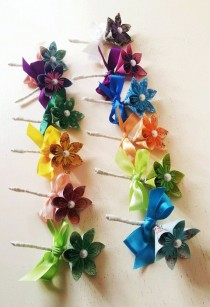 wedding photo - Paper Flower Buttonhole Boutonniere Wedding Accessories Corsage Rainbow Multi Coloured