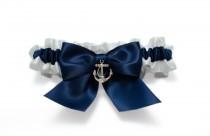 wedding photo - Wedding garter - bridal garter - navy blue and white garter and silver anchor - navy blue garter - navy blue nautical garter - anchor garter