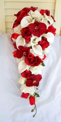 wedding photo - Red orchids silk cascade bouquet with ivory roses and calla lilies