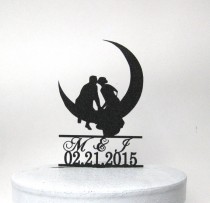wedding photo - Personalized Wedding Cake Topper - Kissing on the Moon with your initials and wedding date