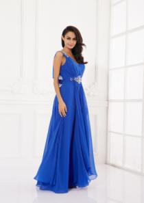 wedding photo -  Blue Appliques V-back Chiffon Ruched A-line Sleeveless Floor Length Straps
