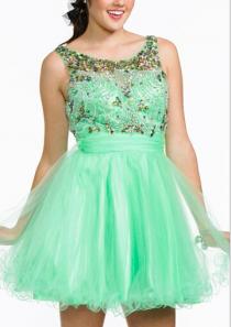 wedding photo -  Ruched Short Length Tulle Crystals Scoop Pink V-back Sleeveless Green