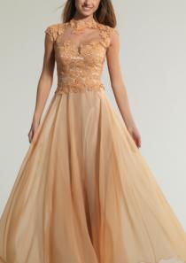 wedding photo -  Cap Sleeves Champagne Appliques Chiffon Floor Length High-neck Ruched A-line