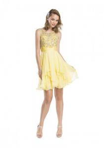 wedding photo -  Ruched Chiffon Yellow Red Blue Short Length Crystals Scoop V-back