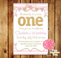 wedding photo - Pink And Gold First Birthday Party Invitation, Gold Glitter, One, Pink Stripes, Personalized, First Birthday