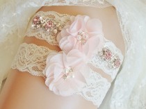 wedding photo -  Jeweled Wedding Garter Set with Blush Flowers and Rhinestones, Lace Bridal Garter, Garters and Lingerie, Other Birthstones Available