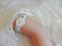 wedding photo -  Something Blue Wedding Garter with Aqua Accents, Lace Bridal Garter, Bling Bridal Lingerie, Rhinestone Garter with Beads, Bridal Accessories