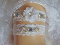 wedding photo -  Something Blue Wedding Garter, Ivory or White Lace Bridal Garter Set with Jewels, Sapphire Crystal Rhinestone Garter, Bridal Accessories