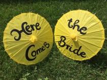 wedding photo - Two Yellow Wedding Paper Parasols for Flower Girls, Here Comes the Bride, Wedding Ceremony, Wedding Pictures, Paper Umbrella, Child Size