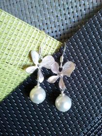 wedding photo - SALE!!  Orchids Flower Earrings - Drop ,Dangle Earrings, Wedding jewelry,flower girl,bridesmaid gift, pearl earrigs