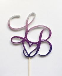 wedding photo - Ombre glitter 6" Monogram wedding cake topper, custom personalized two initial, heart cake topper, plum purple cake top-choose your color