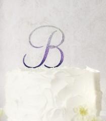 wedding photo - 5" monogram wedding cake topper, ombre cake topper, initial cake topper, purple wedding, glitter cake topper, lavender wedding, cursive