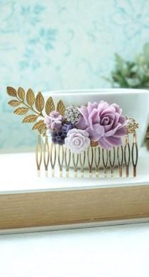 wedding photo - Lavender Rose Large Comb, Large Gold Comb, Large Leaf Comb, Vintage Inspired Lilac Comb, Bridal Comb, Purple Wedding Comb, Purple Gold Comb