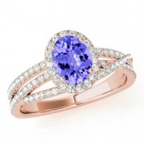 wedding photo -  8x6mm Oval Tanzanite & Diamond Halo Engagement Ring 14k Rose Gold - Tanzanite Rings - Tanzanite Jewelry - Anniversary Ring - For Women
