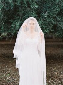 wedding photo - Vintage inspired lace chapel length veil. Bridal veil with tulle & lace trimming.