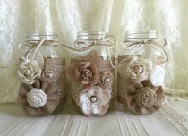 wedding photo -  3 burlap and lace mason jar vases, wedding, bridal shower, baby shower