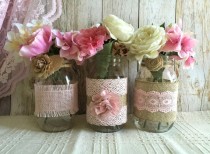 wedding photo -  3 pink burlap and lace covered mason jar vases, wedding, bridal shower, baby shower