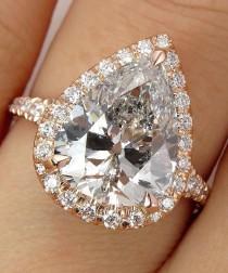 wedding photo - Huge COLORLESS 4.33ct Estate Vintage PEAR Shaped Diamond Engagement Wedding Pave Halo Rose Gold Ring