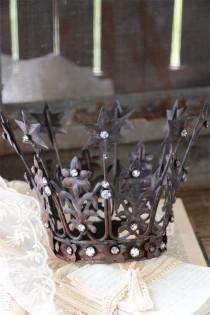 wedding photo - Large French Brocante Santos Star Crown Jeanne d' Arc Living Rusty Distressed Rhinestones Wedding Fairy Photo Prop Cake Topper