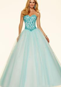 wedding photo -  Floor Length Blue Sleeveless Lace Up White Tulle Beading Sweetheart Ball Gown