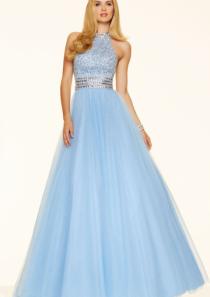 wedding photo -  Blue Crystals Pink Halter Open Back Floor Length Sleeveless Tulle Sweetheart Ball Gown