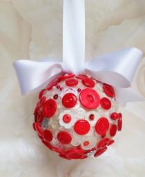 wedding photo - Red and white button kissing ball, flowergirl pomander, flowergirl kissing ball, wedding accessory, aisle / pew decorations, door hanger