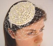 wedding photo - Cream/Ivory Pearl Fascinator With Veil, Pearl Headdress, Beaded Bridal Headpiece, Beaded Veil Fascinator, Retro Style Wedding Headdress