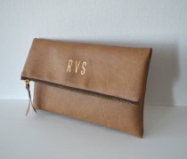 wedding photo - Monogrammed Clutch in Camel Brown/ Personalized Clutch Bag / Foldover clutch purse / Bridesmaids gift / Wedding clutch / Evening purse