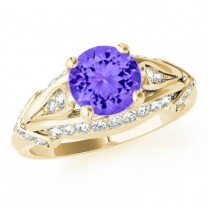 wedding photo - Tanzanite & Diamond Engagement Ring 14k Yellow Gold - 6.5mm Gemstone Ring - Tanzanite Rings for Women - Fashion, Cocktail, Wedding Gifts
