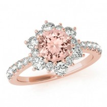 wedding photo - Morganite & Diamond Flower Lotus Halo Engagement Ring 14k Rose Gold - 6.5mm Morganite - Morganite Rings for Women - Gemstone Anniversary Rings