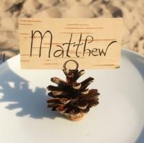 wedding photo - Pine Cone Place Card Holders and Birch Bark Print Name Cards - Rustic Woodland Wedding Escort Cards and Holders - 10 pcs