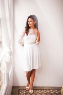 wedding photo - Short wedding dress with sleeves, lace wedding reception dress, white dress, long sleeve lace wedding dress, versatile dress