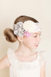 wedding photo - Violet Blush Headband, Flower Girl Headband, Ivory Violet Grey, Ivory Pearl Headband, Romantic Hair, Bridal Hair, Wedding Headband