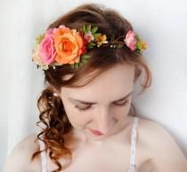 wedding photo - pink flower crown, orange flower crown, floral headband, garden wedding, bridal head piece, wedding flower crown, hot pink flower accessory