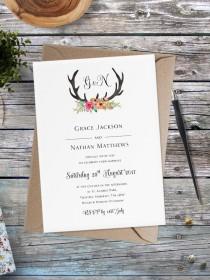wedding photo - Floral Antler Wedding Invitation - Floral Antler Wedding Invites - Floral Antler Wedding Invitation by Paper Charms