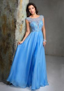 wedding photo -  Scoop A-line Sleeveless Blue Ruched Crystals V-back Chiffon Floor Length