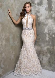 wedding photo -  Mermaid Halter Sleeveless Crystals Zipper Sweep Ruched Lace