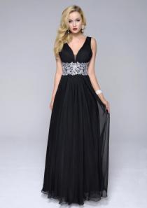 wedding photo -  White Appliques Ruched Open Back A-line V-neck Sleeveless Black Chiffon Floor Length