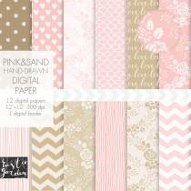 wedding photo - Soft pink wedding digital paper. Sand and blush chevron, striped, heart, floral wreath digital paper. Lovely wedding patterns with flowers.