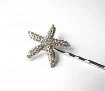 wedding photo - Crystal Starfish Bobby Pin, Beach Wedding Silver Diamante Hair Pin Clip