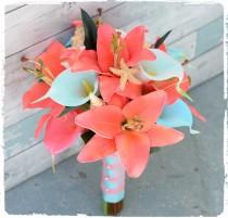 wedding photo - Silk Wedding Bouquet - Natural Touch Coral and Aqua Teal Mint Callas and Lilies Seashell Silk Bridal Bouquet Turquoise