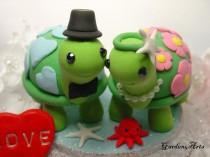 wedding photo - Wedding Cake Topper--Happy Turtle Love with Special Patterns Design and Circle Clear Base