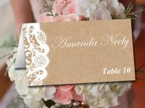 wedding photo - Fold Over Wedding Place Card Template - Kraft Escort Card -  Vintage Lace Place Cards - Kraft Wedding Table Cards - Rustic Name Cards