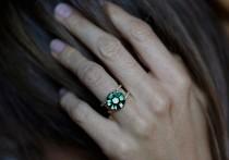 wedding photo - Emerald Engagement Ring, Halo Emerald Ring, Trapiche Emerald Ring, Rare Emerald Ring, Emerald Wedding Ring, Unique Engagement Ring