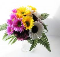 wedding photo - Colorful Silk Flowers Bouquet Sunflowers Peonies Gerberas Bouquet Wedding Bouquets yellow Purple White Artificial Flowers Country Rustic