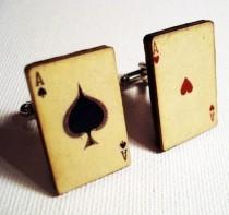 wedding photo - Cufflinks, Poker, Ace of Spades and Ace of Hearts vintage style playing cards on silver cufflinks in gift box