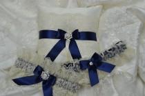 wedding photo - Wedding Garter And Ringbearer Set- Ivory And Navy Blue Garter And Ring Pillow