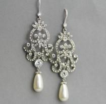 wedding photo - Long Bridal Chandelier Earrings ,  Long  Wedding Earrings ,Crystal and Pearl Earrings, Vintage Style Jewelry ,Crystal Chandelier Earrings